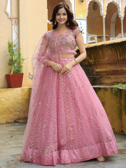 Tulsi Art Enchanting Pink Embroidered Net Engagement Wear Lehenga Choli