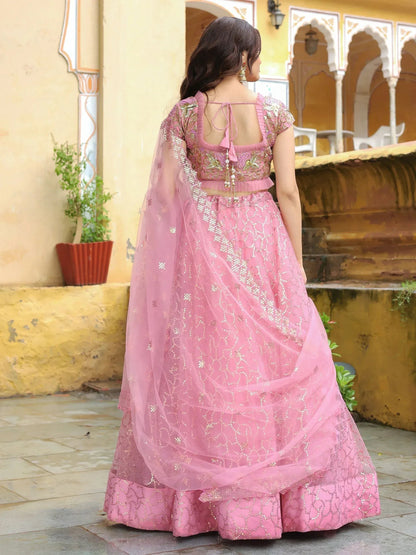 Tulsi Art Enchanting Pink Embroidered Net Engagement Wear Lehenga Choli