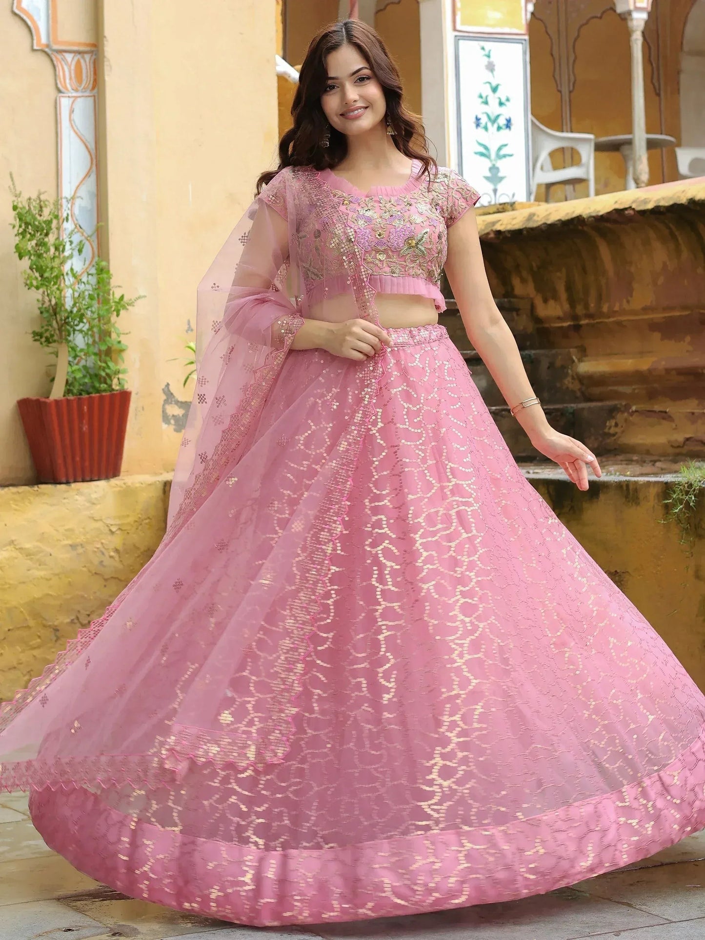 Tulsi Art Enchanting Pink Embroidered Net Engagement Wear Lehenga Choli