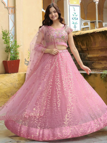 Tulsi Art Enchanting Pink Embroidered Net Engagement Wear Lehenga Choli