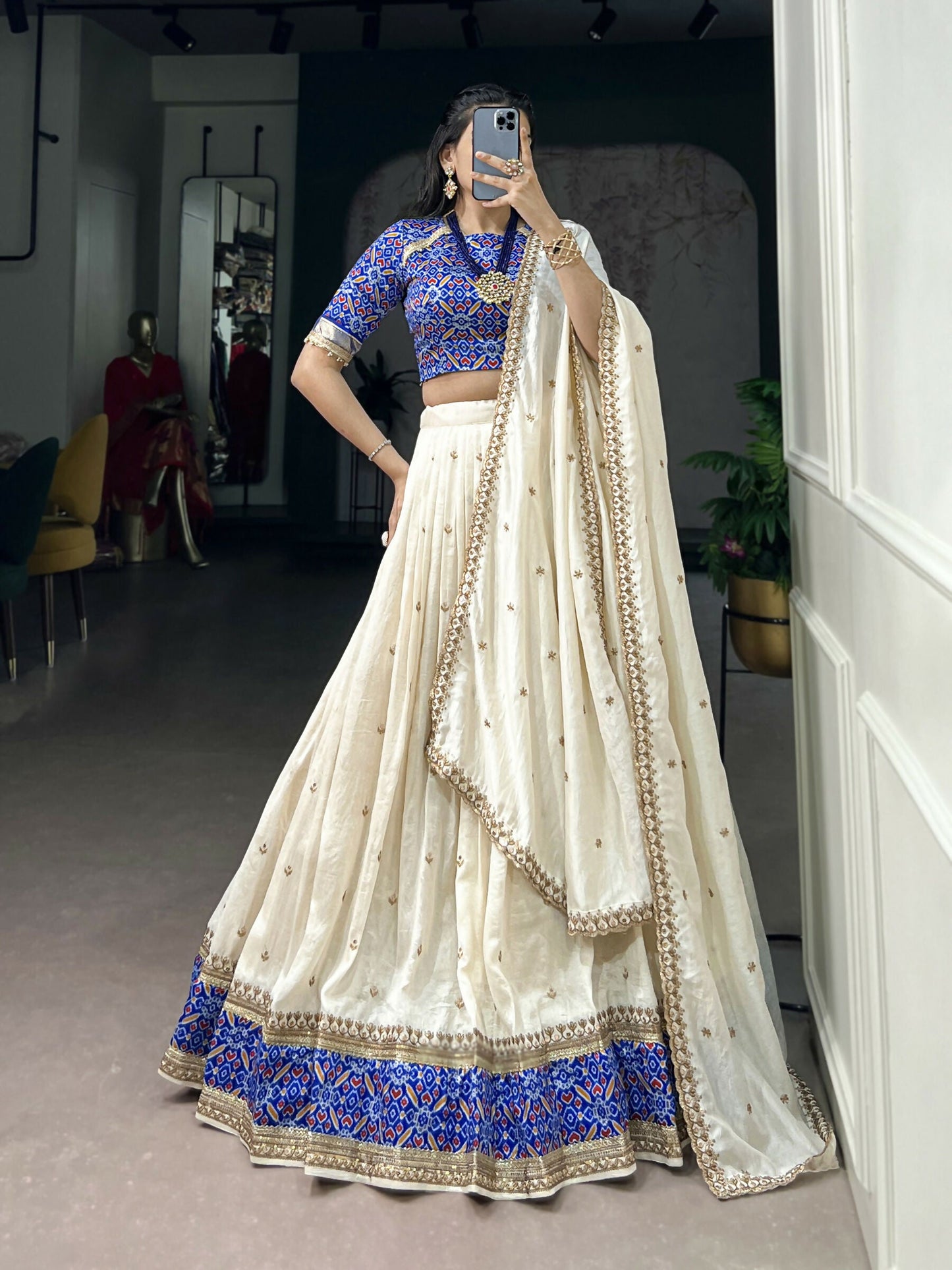 Lorenvalley Fashion White Vichitra Silk Sequins and Thread Embroidery Work Lehenga Choli with Dupatta