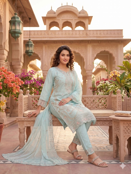 Teeya Creation Womens New Trendy Silk With Heavy Embroiedery With Sequence Work Sky-Blue Kurta Set