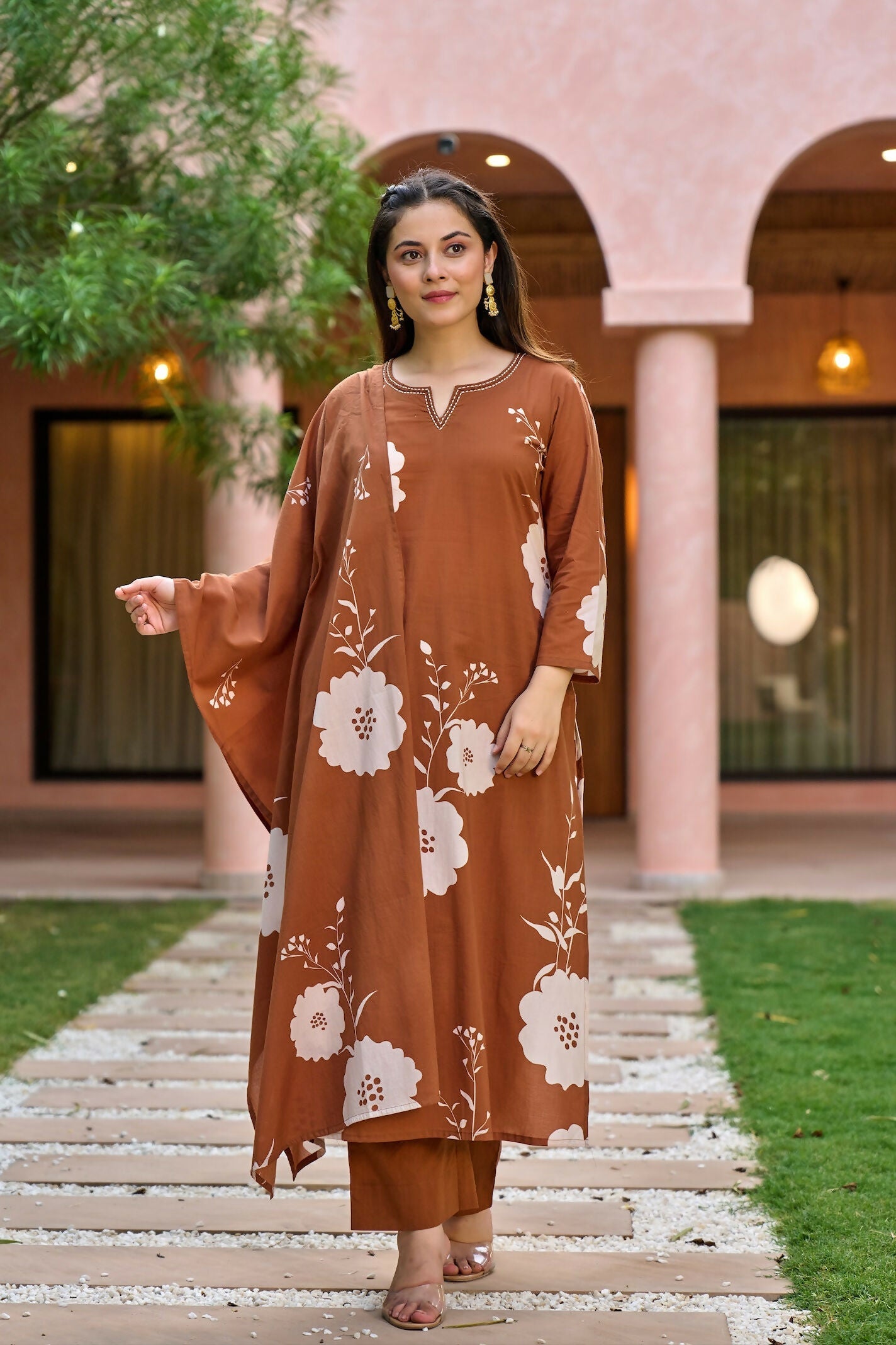 The52 Women's Gorgeous Printed Work Muslin Fabric Straight Kurta Pant and Dupatta Set-Brown