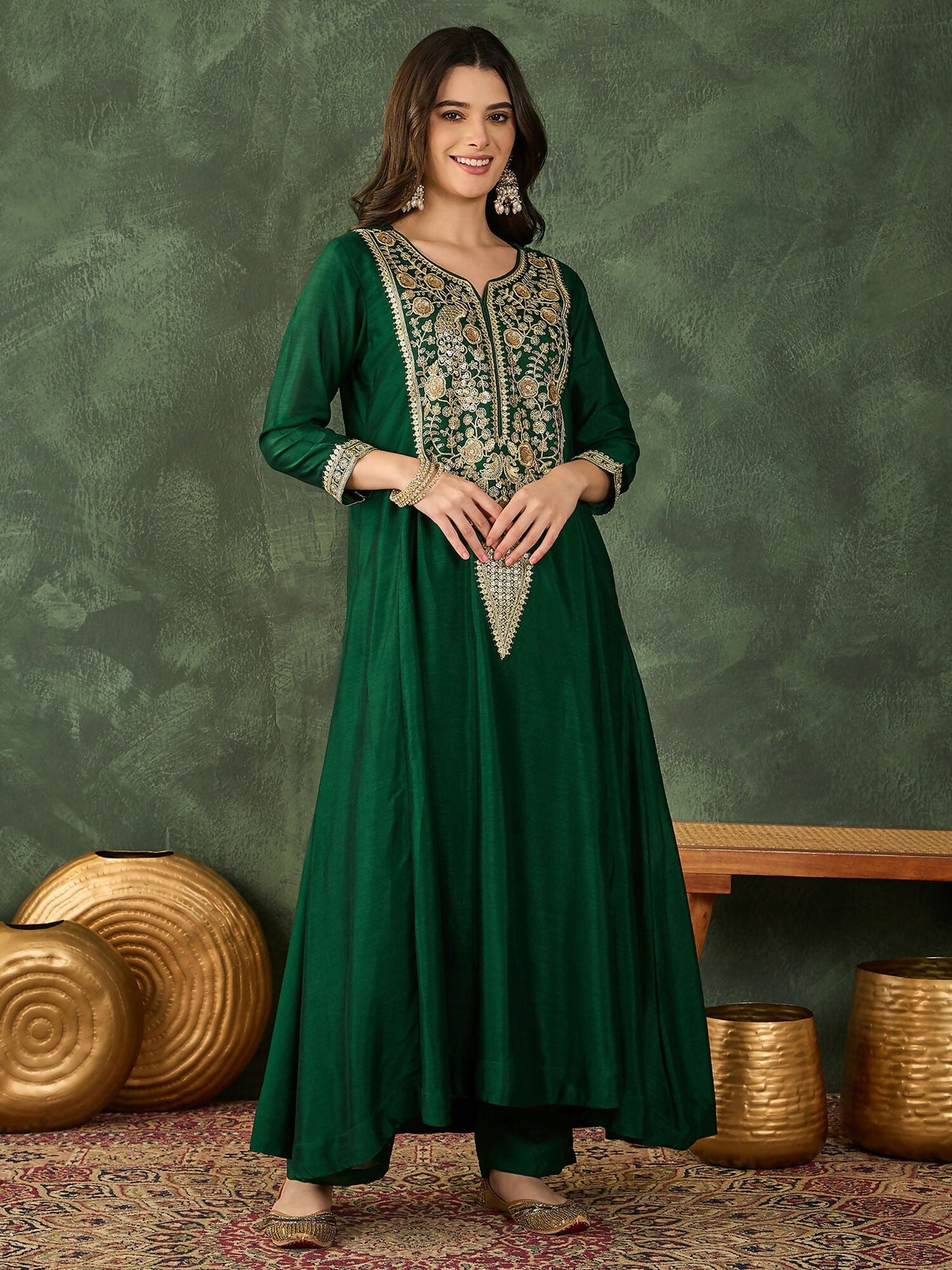 The52 Women's Beautiful Embroidery Work Vichitra Silk Fabric Flared Kurta Pant and Dupatta Set-Green