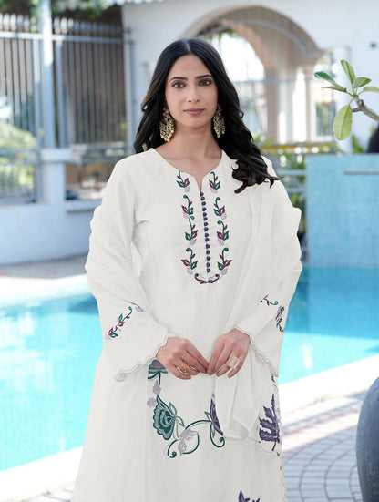 Nikhaar Cream Embroidered Art Silk Stitched Straight Cut Kurta Pants Dupatta Readymade Suit