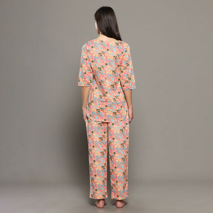 Breathables Women Cotton Printed Loungewear Kurta And Pants Co-Ord Set Peach I Night Wear | Floral Print