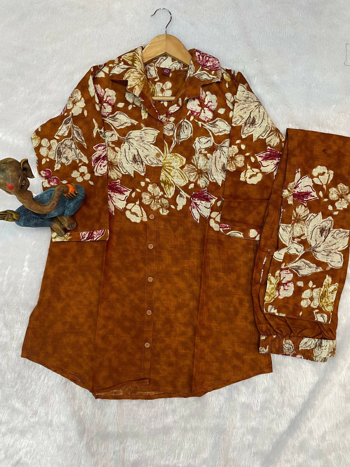 Teeya Creation Women Mustard Yellow Floral Printed Shirt And Trousers Co-Ord Set