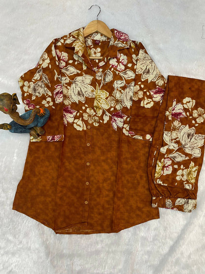 Teeya Creation Women Mustard Yellow Floral Printed Shirt And Trousers Co-Ord Set