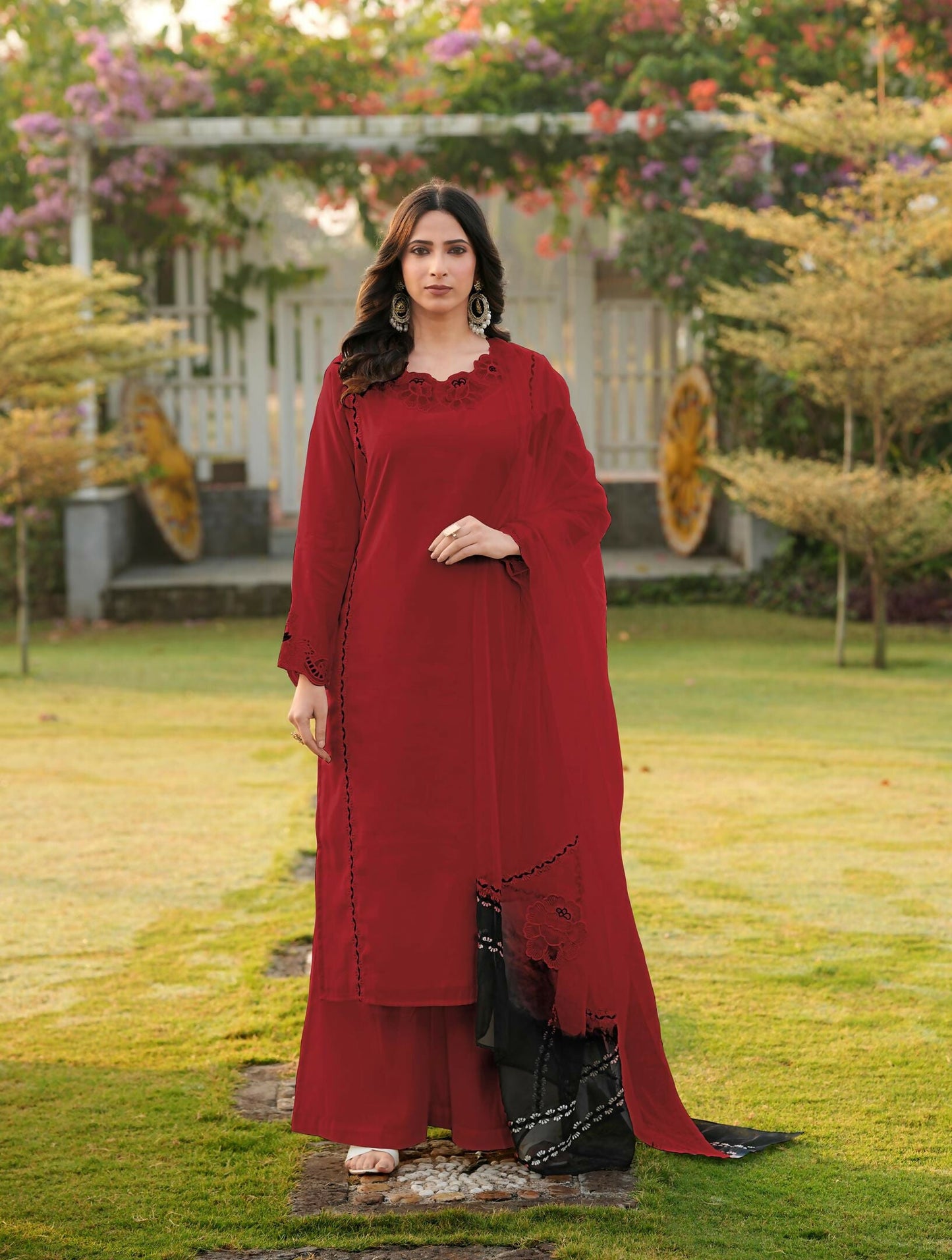 Nikhaar Maroon Embroidered Art Silk Stitched Straight Cut Kurta Palazzo Dupatta Readymade Suit
