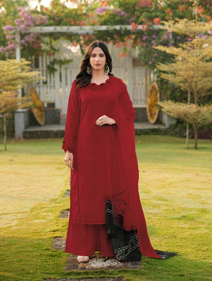 Nikhaar Maroon Embroidered Art Silk Stitched Straight Cut Kurta Palazzo Dupatta Readymade Suit
