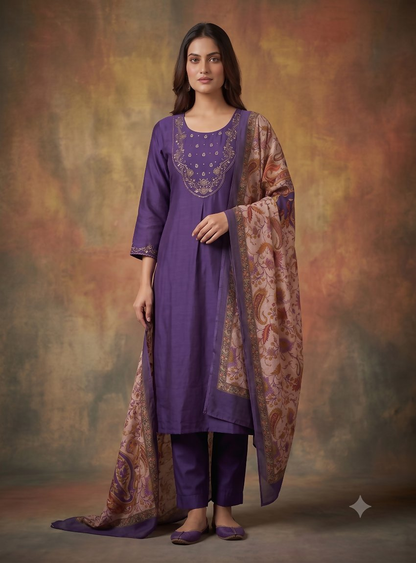 Teeya Creation Women Purple Embroidered Straight Kurta Set With Dupatta