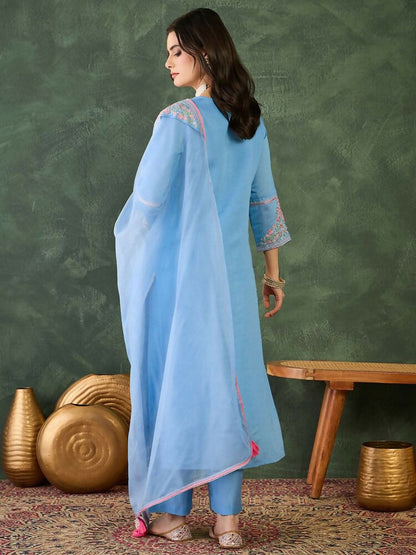 The52 Women's Gorgeous Embroidery Work Viscose Silk Fabric Straight Kurta Pant and Dupatta Set