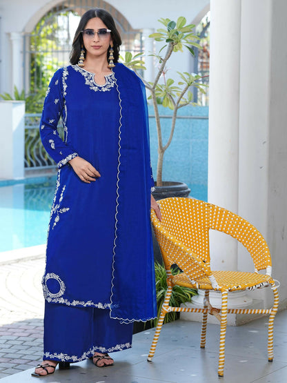 Nikhaar Royal Blue Embroidered Modal Silk Stitched Straight Cut Kurta Culottes Dupatta Readymade Suit