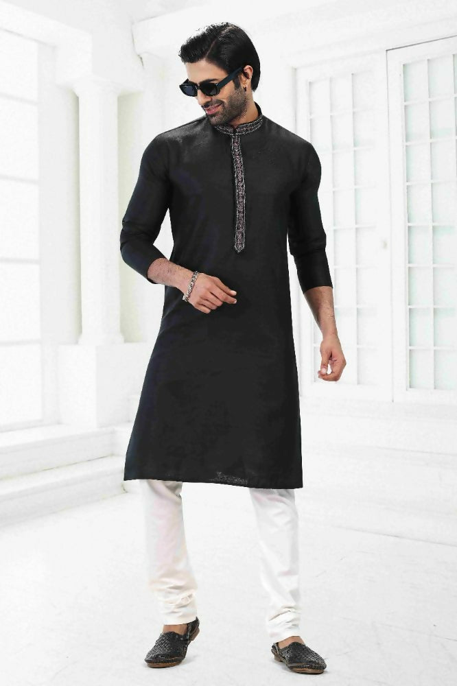 Raivat Ethnic Linen Cotton Thread Work Kurta Pajama In Black Colour