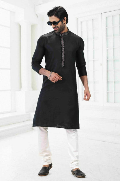 Raivat Ethnic Linen Cotton Thread Work Kurta Pajama In Black Colour