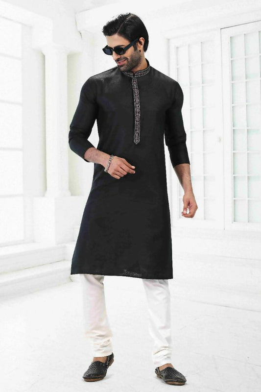 Raivat Ethnic Linen Cotton Thread Work Kurta Pajama In Black Colour