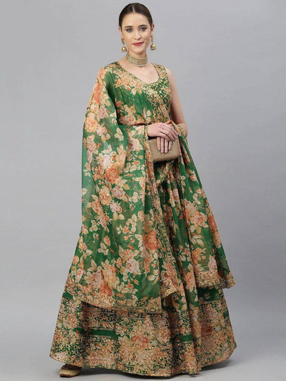 Tulsi Art Green & Peach-Coloured Embellished Sequinned Semi-Stitched Myntra Lehenga & Unstitched Blouse