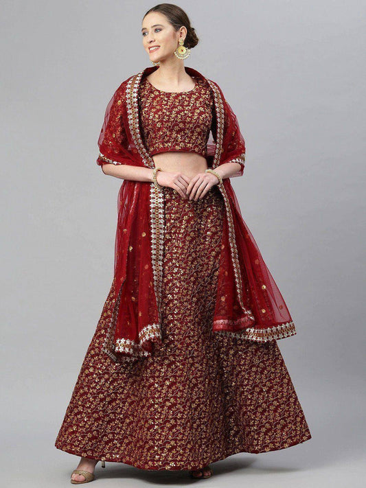 Tulsi Art Maroon & Golden Semi-Stitched Myntra Bridal Lehenga & Unstitched Blouse With Dupatta