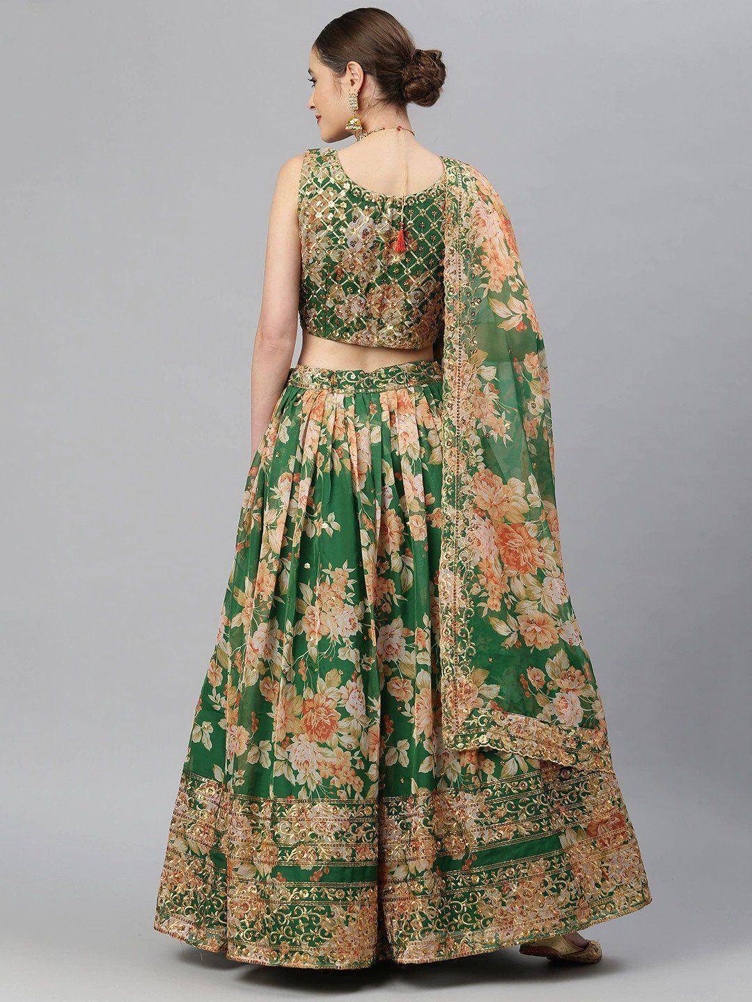 Tulsi Art Green & Peach-Coloured Embellished Sequinned Semi-Stitched Myntra Lehenga & Unstitched Blouse
