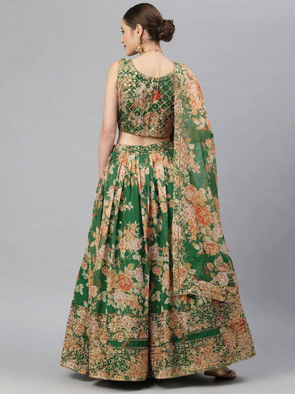 Tulsi Art Green & Peach-Coloured Embellished Sequinned Semi-Stitched Myntra Lehenga & Unstitched Blouse