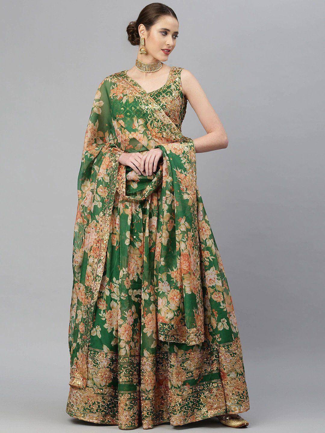 Tulsi Art Green & Peach-Coloured Embellished Sequinned Semi-Stitched Myntra Lehenga & Unstitched Blouse