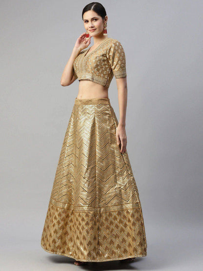 Tulsi Art Beige Embroidered Sequinned Unstitched Myntra Lehenga & Blouse With Dupatta