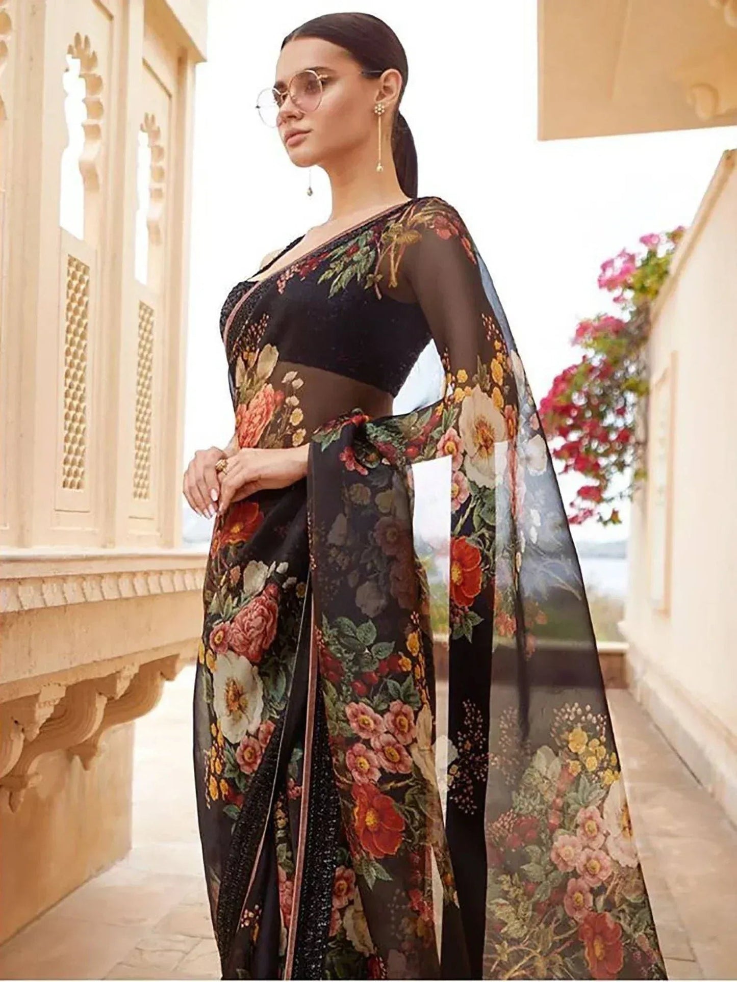 Tulsi Art Sabyasachi Black Floral Organza Party Wear Saree