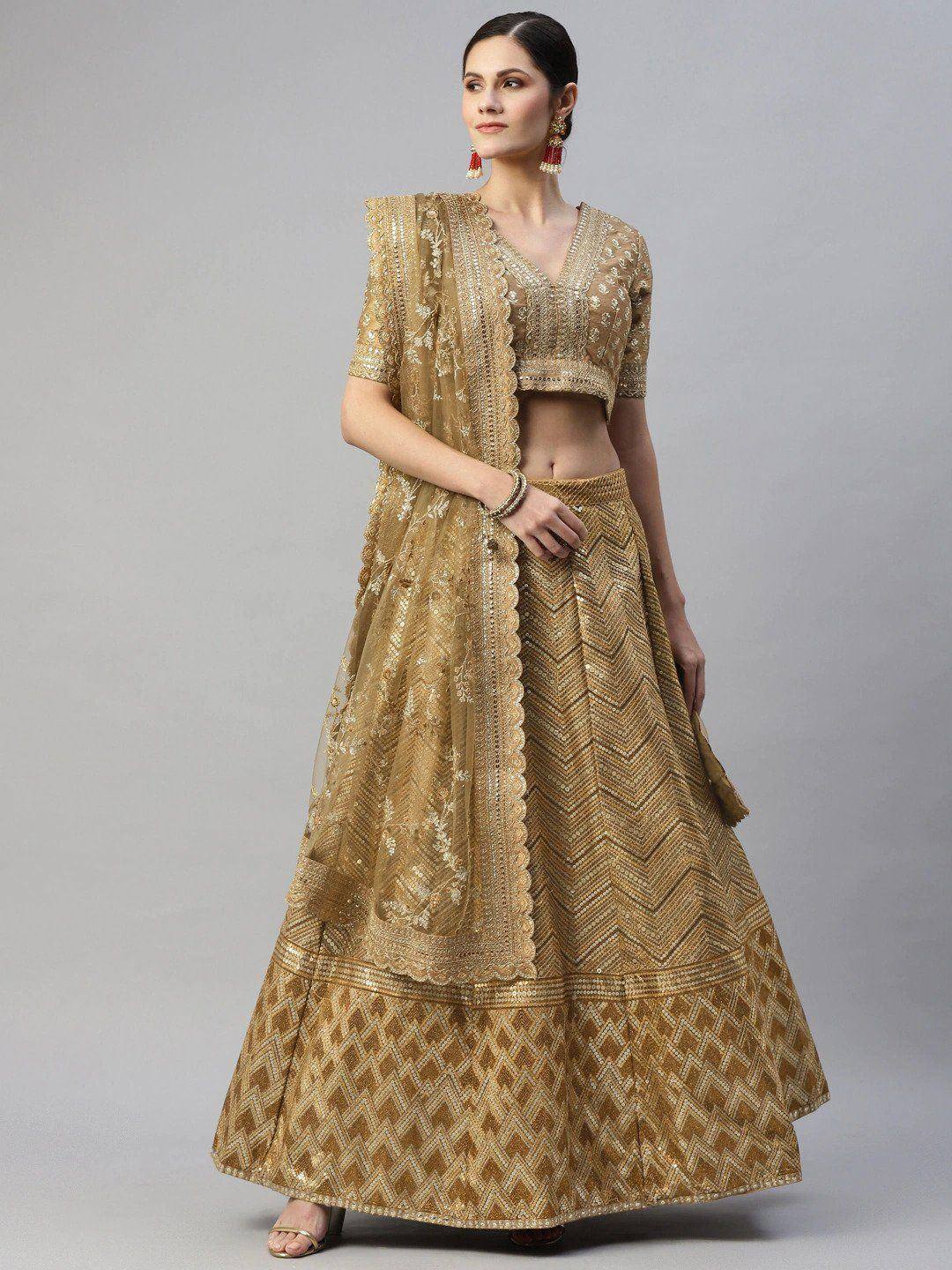Tulsi Art Beige Embroidered Sequinned Unstitched Myntra Lehenga & Blouse With Dupatta