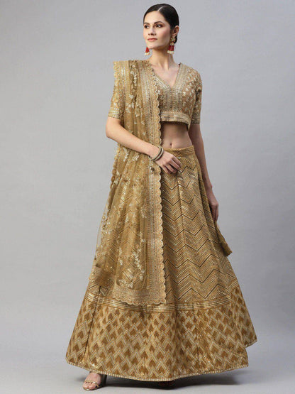 Tulsi Art Beige Embroidered Sequinned Unstitched Myntra Lehenga & Blouse With Dupatta