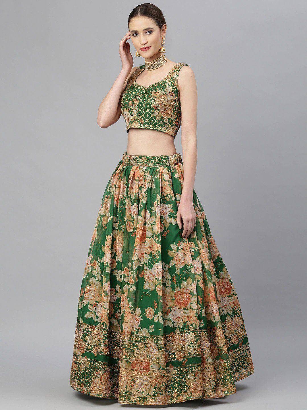 Tulsi Art Green & Peach-Coloured Embellished Sequinned Semi-Stitched Myntra Lehenga & Unstitched Blouse