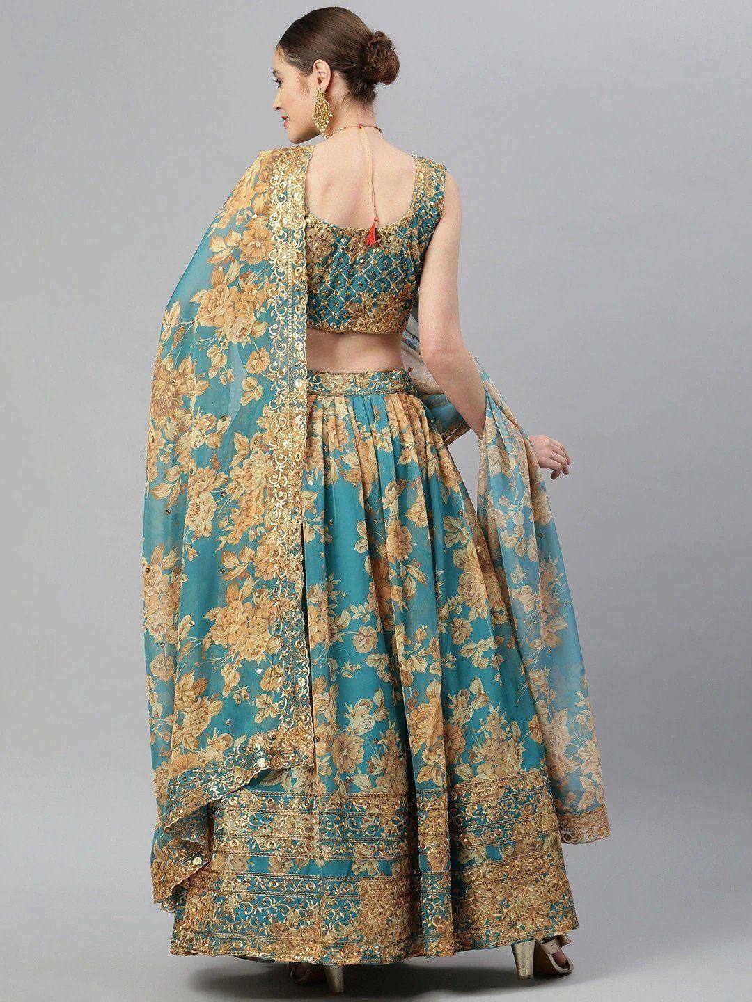 Tulsi Art Teal & Peach-Coloured Embellished Sequinned Semi-Stitched Myntra Lehenga & Unstitched Blouse
