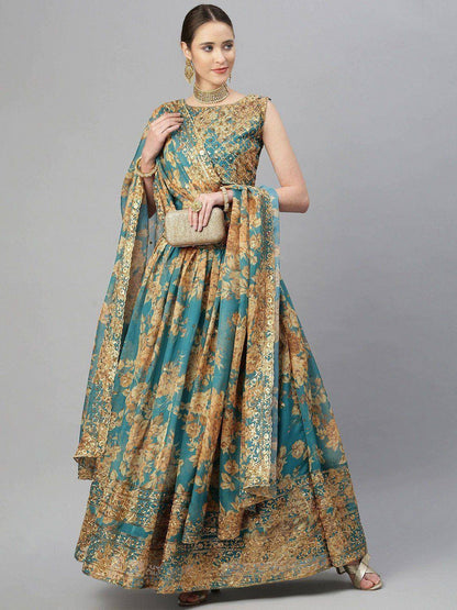 Tulsi Art Teal & Peach-Coloured Embellished Sequinned Semi-Stitched Myntra Lehenga & Unstitched Blouse