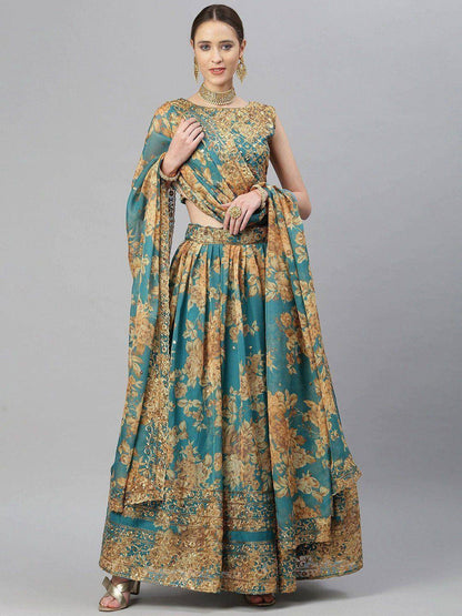 Tulsi Art Teal & Peach-Coloured Embellished Sequinned Semi-Stitched Myntra Lehenga & Unstitched Blouse