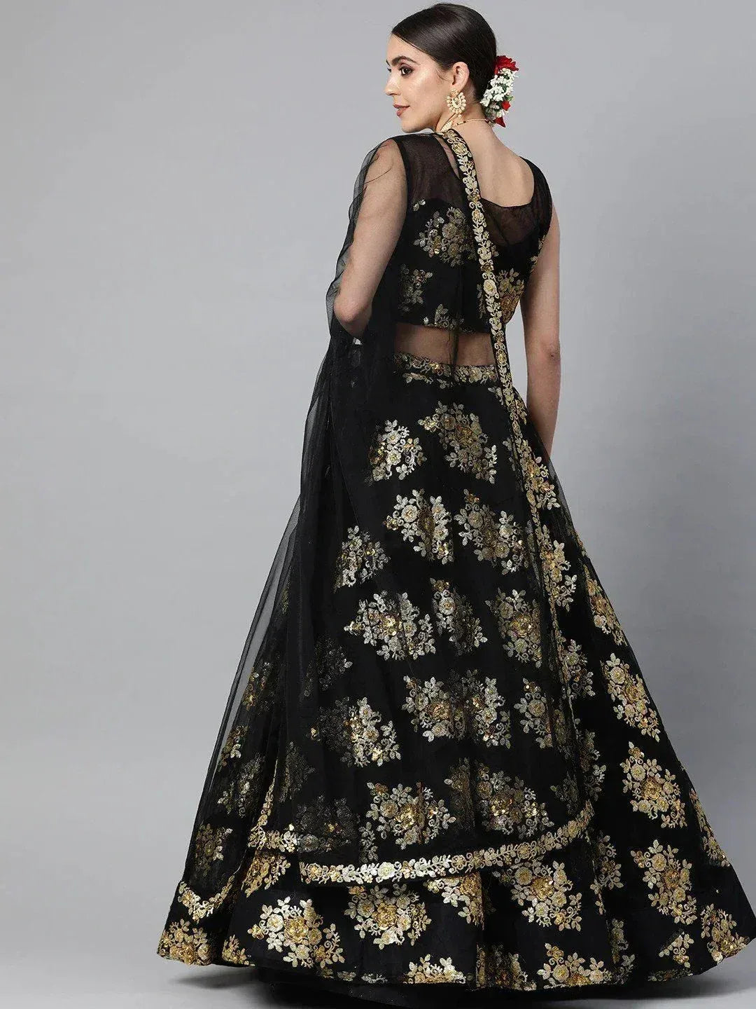 Tulsi Art Black & Golden Sequinned Semi-Stitched Myntra Lehenga & Blouse With Dupatta