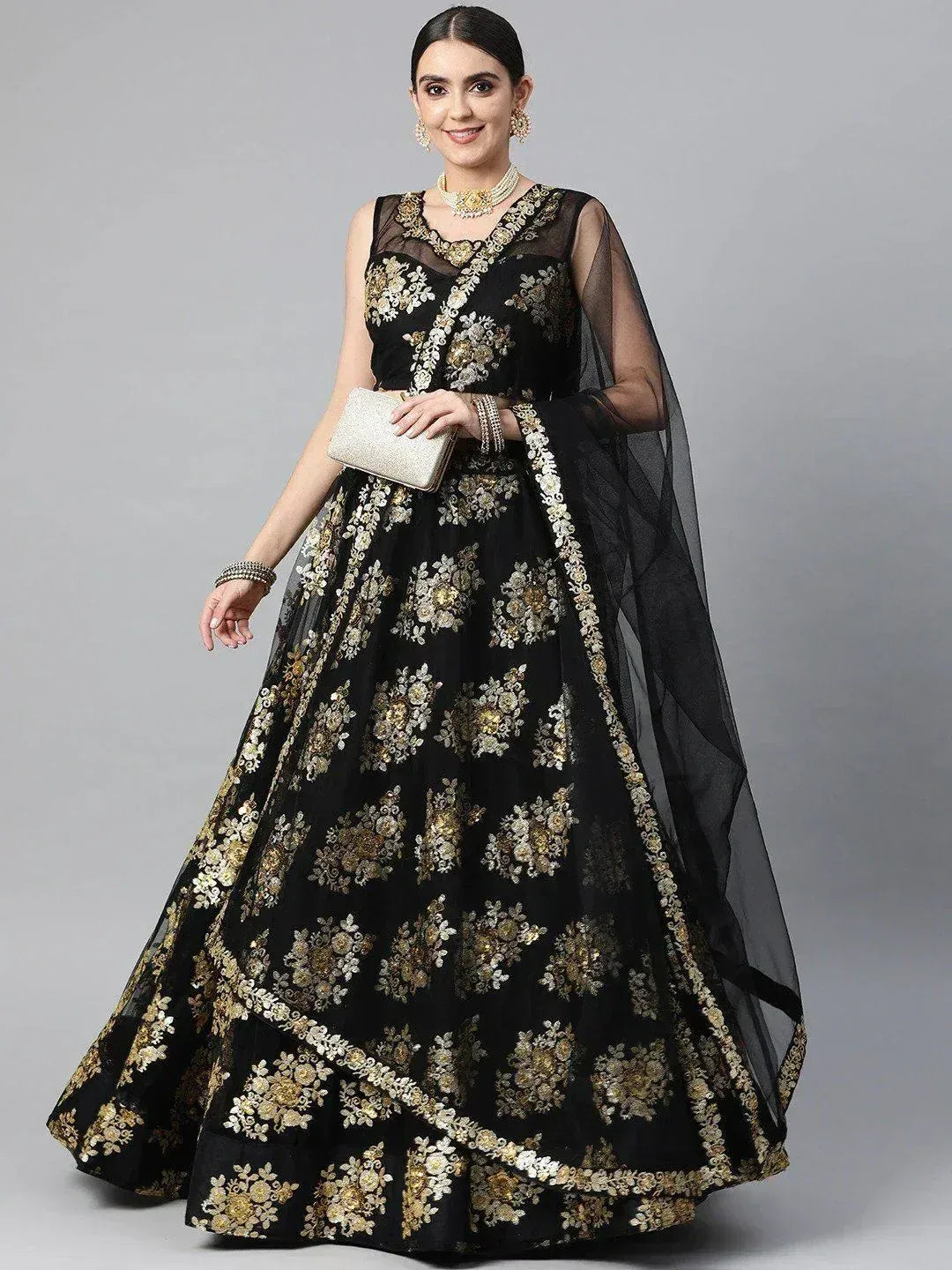 Tulsi Art Black & Golden Sequinned Semi-Stitched Myntra Lehenga & Blouse With Dupatta