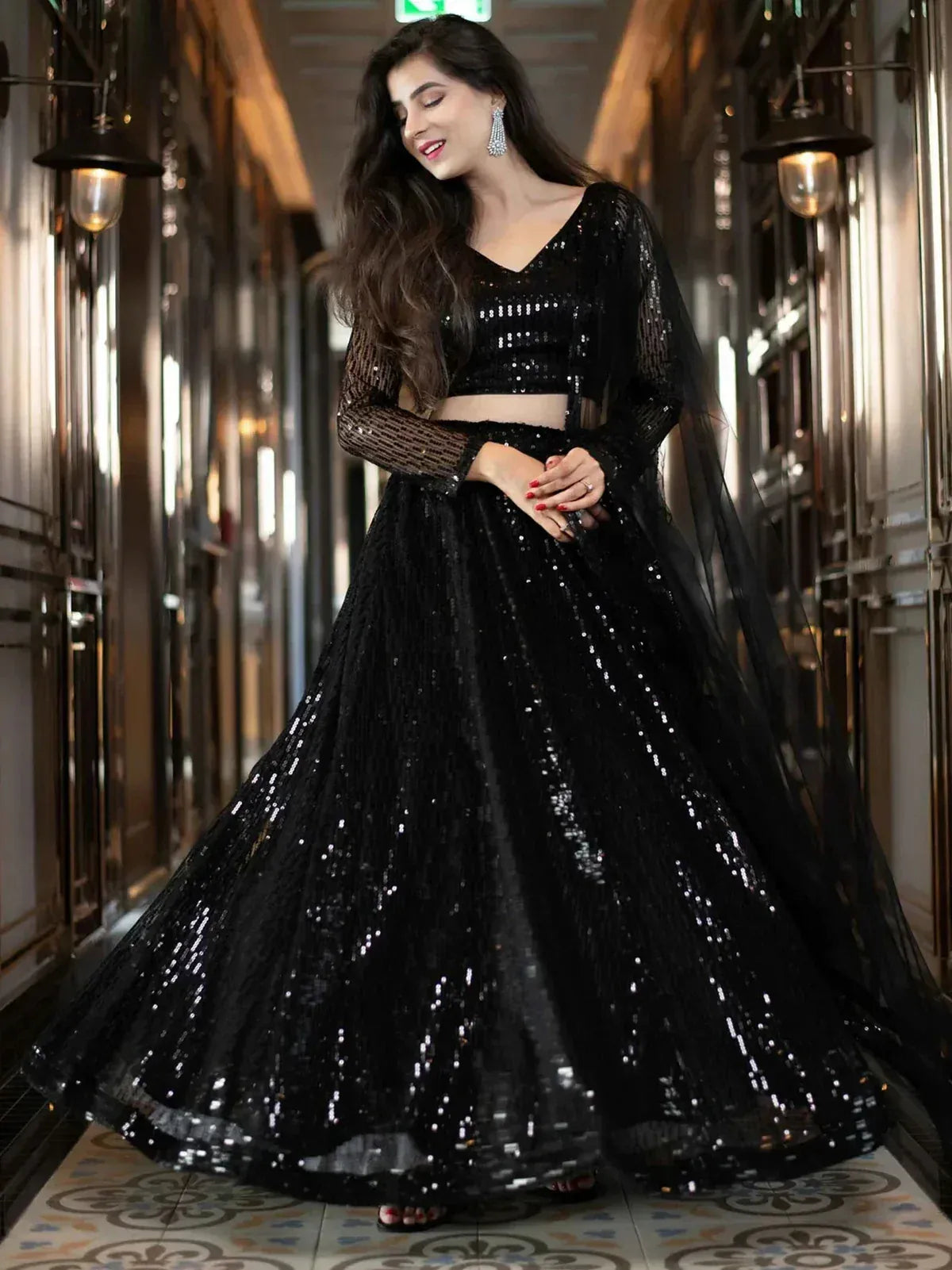 Tulsi Art Black Sequins Heavy Net Party Wear Lehenga Choli With Dupatta