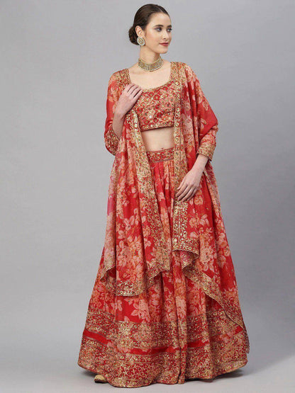 Tulsi Art Red & Gold-Toned Embellished Sequinned Semi-Stitched Myntra Lehenga & Unstitched Blouse