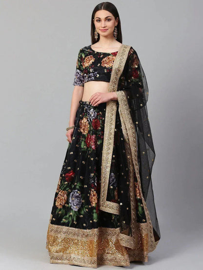 Tulsi Art Black & Grey Printed Semi-Stitched Myntra Lehenga & Unstitched Blouse With Dupatta