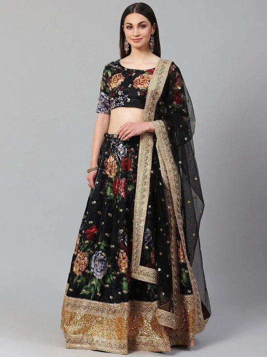 Tulsi Art Black & Grey Printed Semi-Stitched Myntra Lehenga & Unstitched Blouse With Dupatta