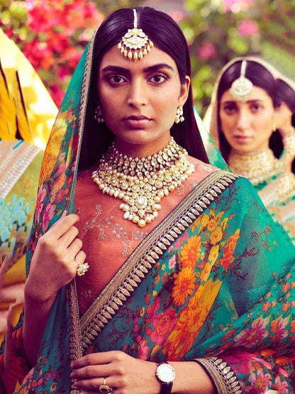 Tulsi Art Sabyasachi Green Floral Organza Wedding Wear Saree With Blouse