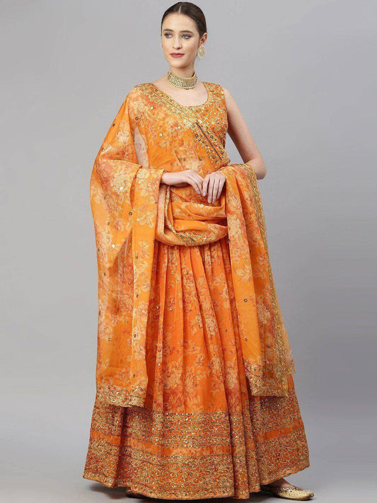 Tulsi Art Orange & Gold-Toned Embellished Sequinned Semi-Stitched Myntra Lehenga & Unstitched Blouse
