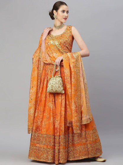 Tulsi Art Orange & Gold-Toned Embellished Sequinned Semi-Stitched Myntra Lehenga & Unstitched Blouse