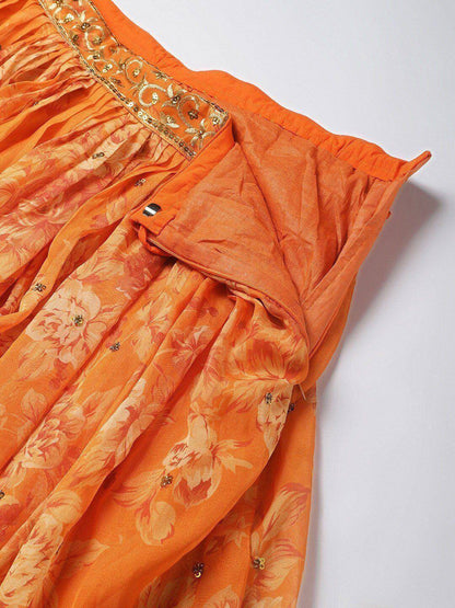 Tulsi Art Orange & Gold-Toned Embellished Sequinned Semi-Stitched Myntra Lehenga & Unstitched Blouse