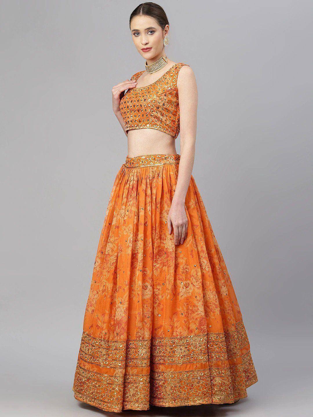 Tulsi Art Orange & Gold-Toned Embellished Sequinned Semi-Stitched Myntra Lehenga & Unstitched Blouse