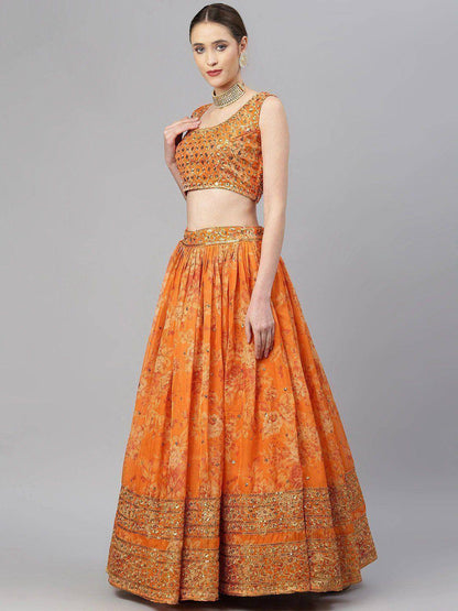Tulsi Art Orange & Gold-Toned Embellished Sequinned Semi-Stitched Myntra Lehenga & Unstitched Blouse