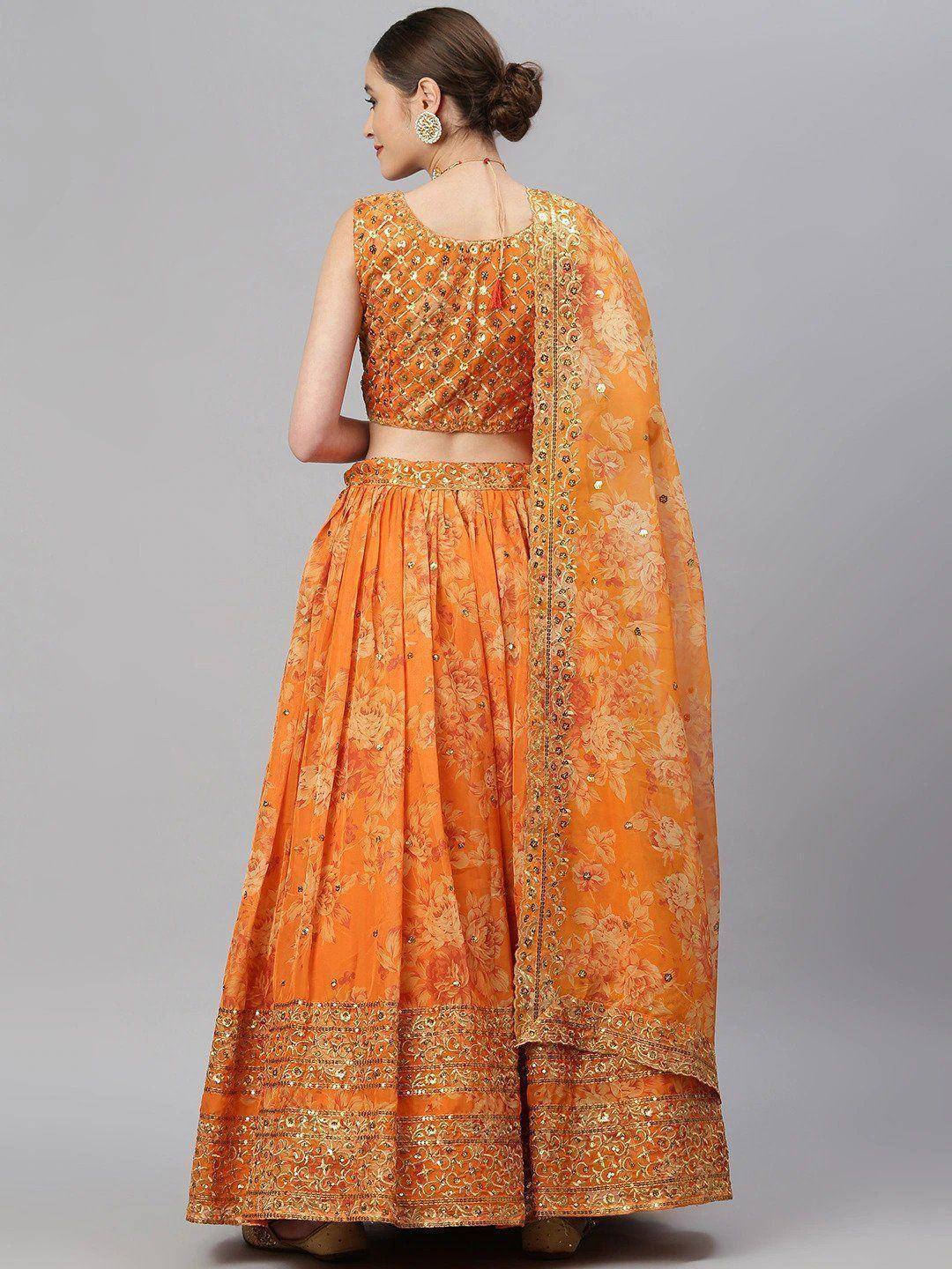 Tulsi Art Orange & Gold-Toned Embellished Sequinned Semi-Stitched Myntra Lehenga & Unstitched Blouse