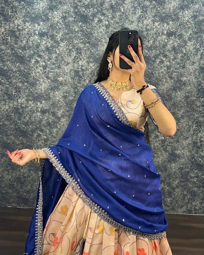 Teeya Creation Womens New Trendy Designer Blue Floral Lehenga Choli Set with Contrast Border and Dupatta Set