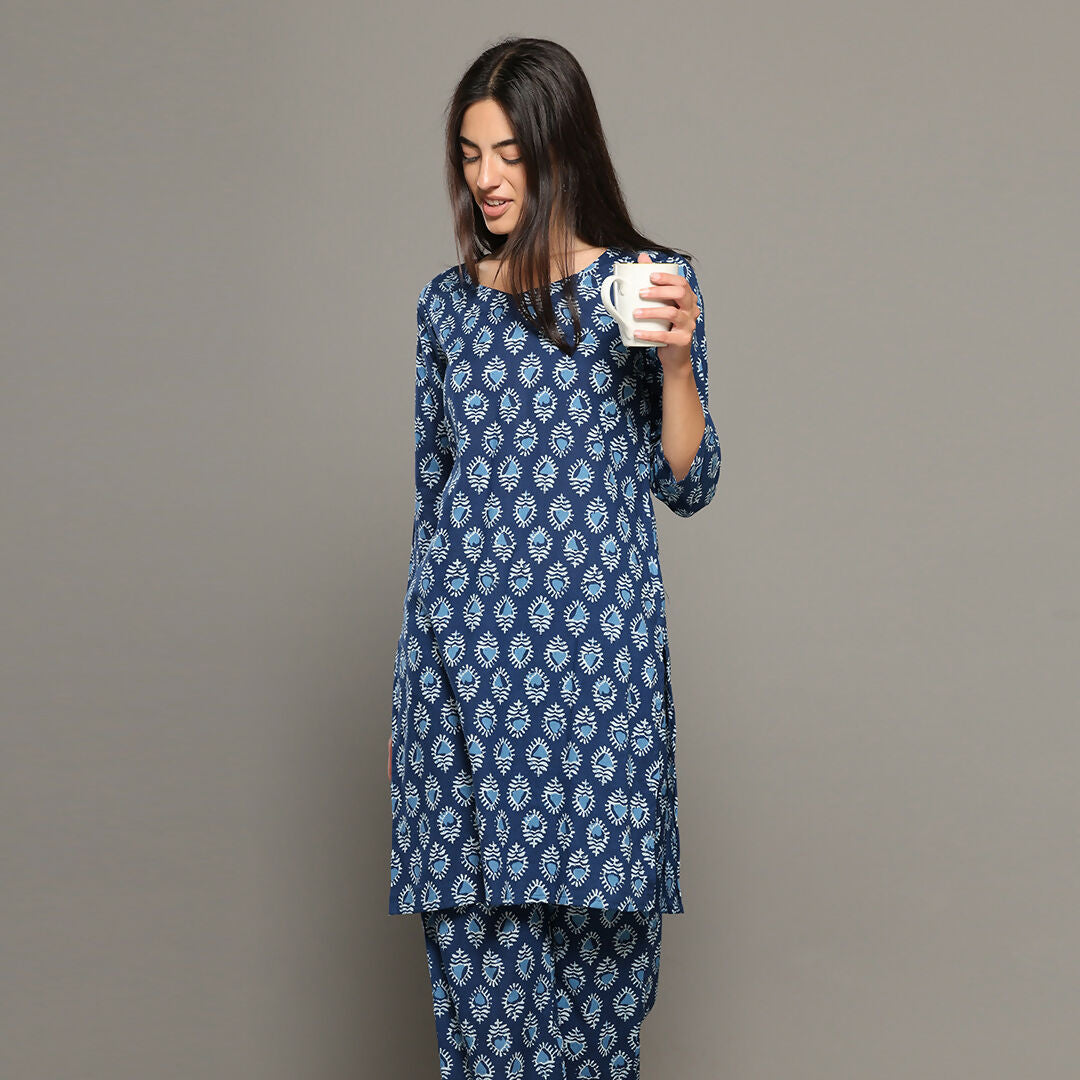 Breathables Blue Women Cotton Printed Loungewear Kurta And Pants Co-Ord Set I Night Wear | Butta Print