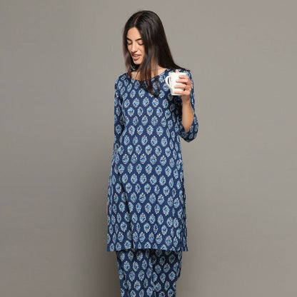 Breathables Blue Women Cotton Printed Loungewear Kurta And Pants Co-Ord Set I Night Wear | Butta Print