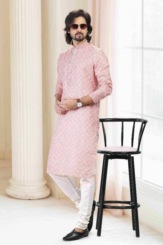 Raivat Ethnic Cotton Thread Work Kurta Pajama In Peach Colour